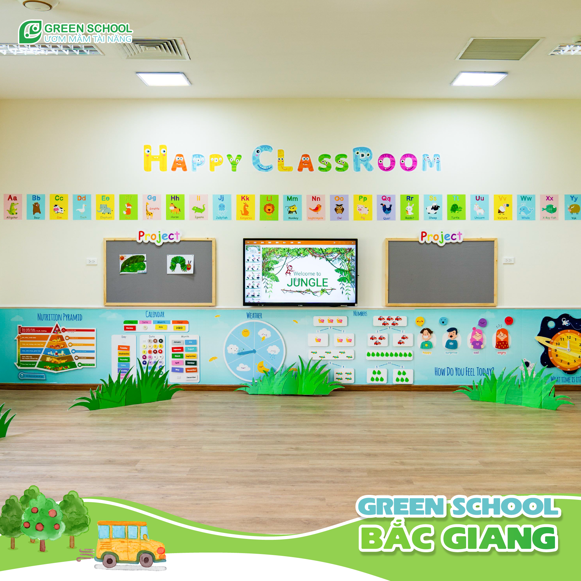 Hệ thống phòng học tại Green School Bắc Giang được thiết kế theo quy chuẩn chung về phòng học mầm non của Hệ thống