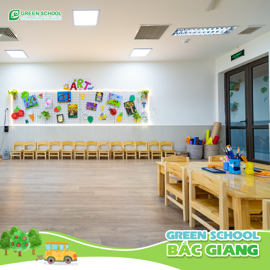 Phòng học mỹ thuật của Green School Bắc Giang được thiết kế theo tiêu chuẩn chung của Hệ thống